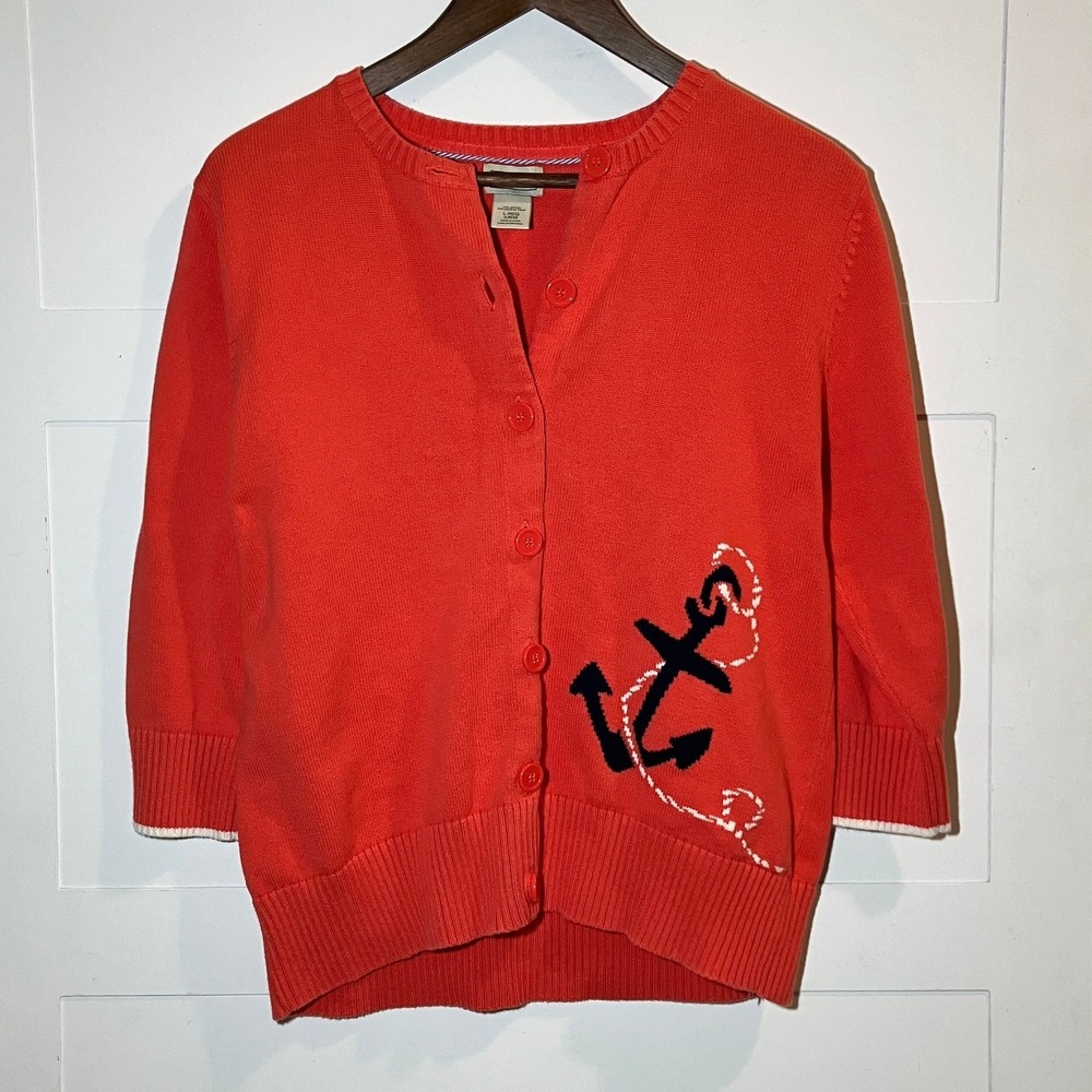 L.L. Bean Womens L Reg Coral Cardigan Sweater Button Cotton Anchor Coastal‎